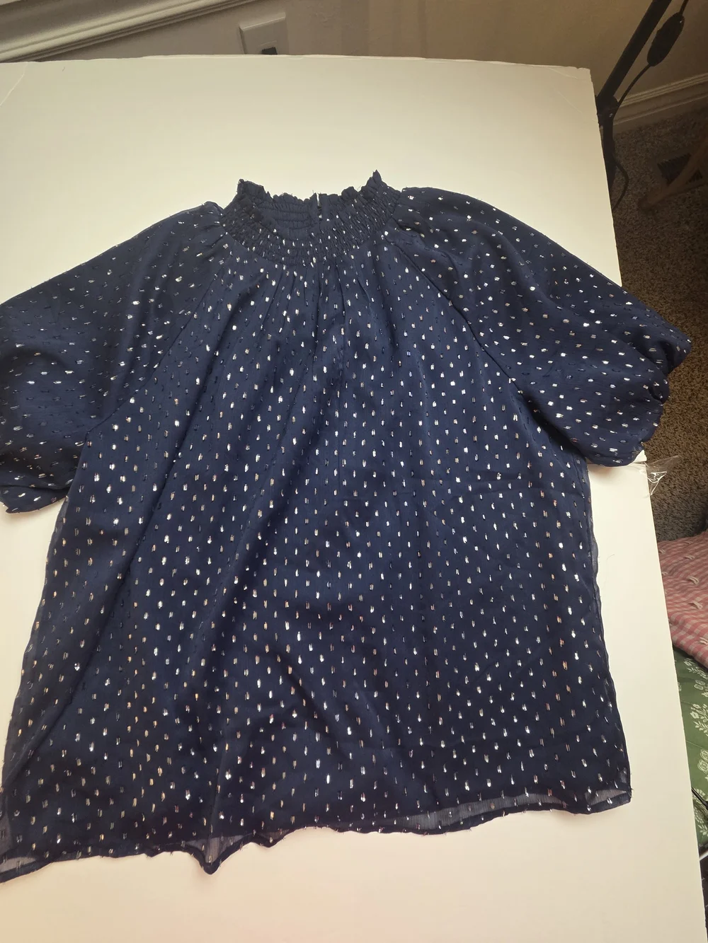 LOFT Navy Smocked-Neck Dot Top